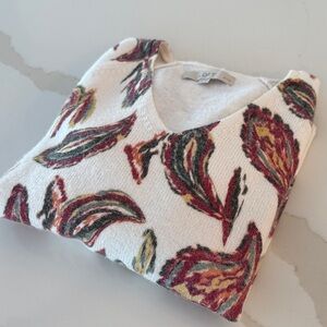 LOFT Cream V-Neck Sweater with Paisley Leaf Design